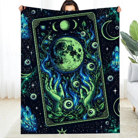 RKSupls Neon Skull Candle Eye Moon Trippy Pattern Warm and Cozy Throw, Tear-Resistant Cozy Soft Flannel Fleece Blanket, Soft Throw for Couch, Travel, Camping