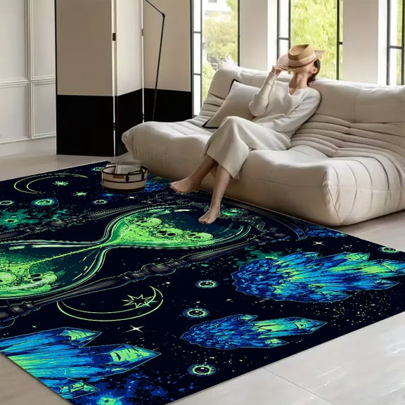 RKSupls Neon Skull Hourglass Crystal Dark Psychedelic Soft Fluffy Velvet Area Rug for Living Room Bedroom, Non-Slip Washable Carpet, Modern Minimalist Home Decor Floor Mat