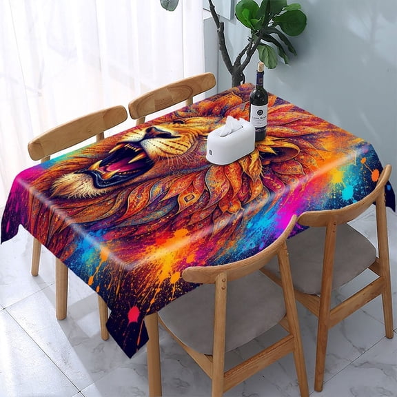 RKSupls Neon Splatter Lion Rectangle Dining Tablecloth, Washable Wipeable Stain & Wrinkle Resistant Polyester Tablecloth for Kitchen Picnic Party