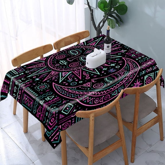 RKSupls Neon Sun Moon Pattern Rectangle Dining Tablecloth, Washable Wipeable Stain & Wrinkle Resistant Polyester Tablecloth for Kitchen Picnic Party
