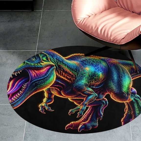 RKSupls Neon T Rex Dinosaur Round Flannel Floor Mat, Soft Non-Slip Washable Rug suitable for Living Room Bedroom Nursery, Decorative Floor Rug