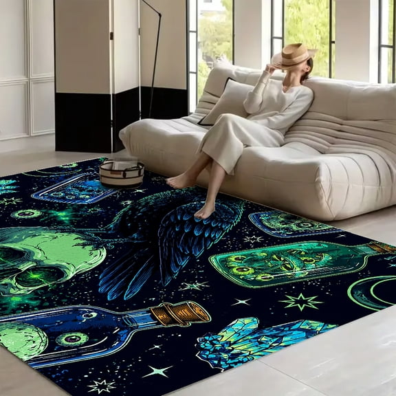RKSupls Neon Wolf Skull Eye Trippy Mystical Pattern  Soft Fluffy Velvet Area Rug   for Living Room Bedroom, Non-Slip Washable Carpet, Modern Minimalist Home Decor Floor Mat