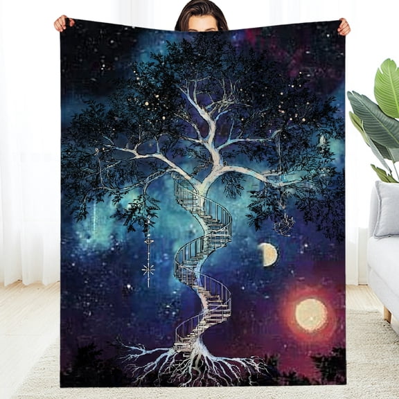 RKSupls New Year Throw Blanket, Blue Purple Space Galaxy Tree Soft Flannel Throw Blanket, Fuzzy Warm Cozy Christmas Blanket for Couch Bed Home Travel Decor, 30*40in