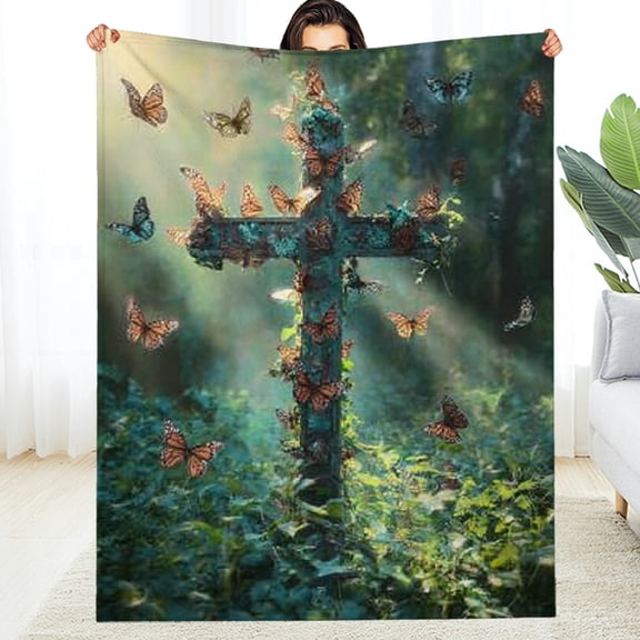 RKSupls New Year Throw Blanket, Butterfly Garden Cross Soft Flannel Throw Blanket, Fuzzy Warm Cozy Christmas Blanket for Couch Bed Home Travel Decor, 30*40in