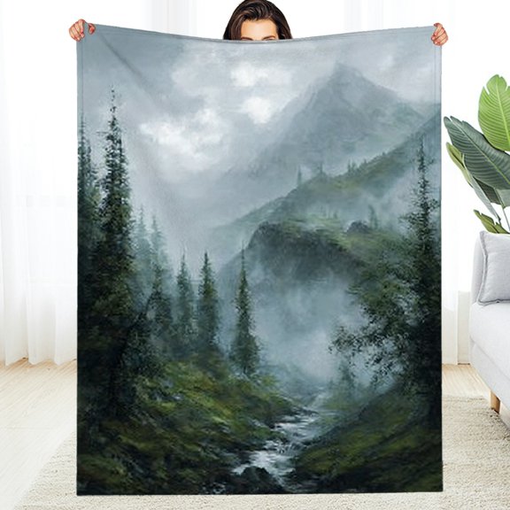 RKSupls New Year Throw Blanket, Misty Mountain Tree Soft Flannel Throw Blanket, Fuzzy Warm Cozy Christmas Blanket for Couch Bed Home Travel Decor, 50*60in