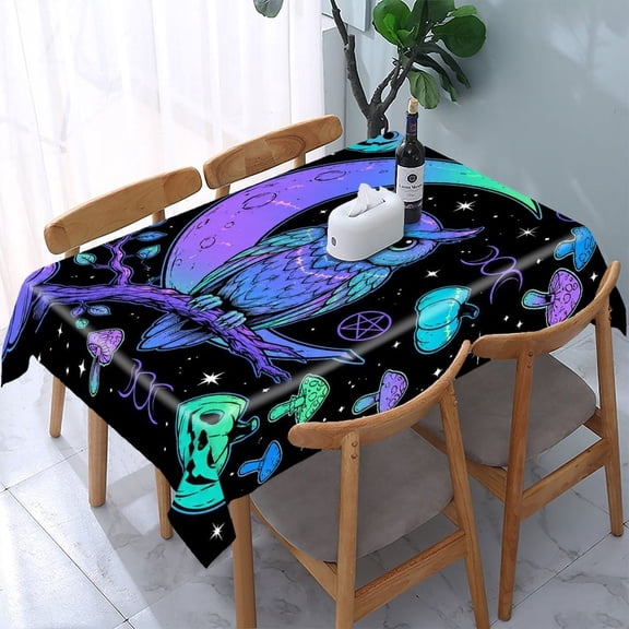 RKSupls Night Owl Crescent Moon Rectangle Dining Tablecloth, Washable Wipeable Stain & Wrinkle Resistant Polyester Tablecloth for Kitchen Picnic Party