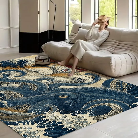 RKSupls Ninja Cat Fighting Giant Octopus In Great Wave  Soft Fluffy Velvet Area Rug   for Living Room Bedroom, Non-Slip Washable Carpet, Modern Minimalist Home Decor Floor Mat