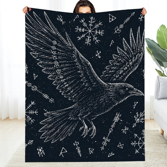 RKSupls Norse Raven Amid Sacred Symbols Decorative Blanket, Napping Machine Washable Soft Flannel Fleece Blanket, Soft Throw for Couch, Travel, Camping