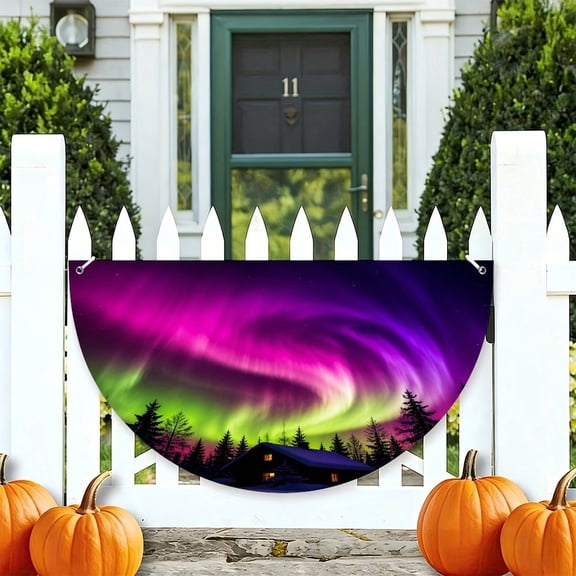 RKSupls Northern Lights Cabin Forest Half Round Banner for Porch Fence Railing, Soccer Party Outdoor Hanging Decoration for Home Patio
