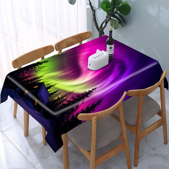 RKSupls Northern Lights Cabin Forest Rectangle Dining Tablecloth, Washable Wipeable Stain & Wrinkle Resistant Polyester Tablecloth for Kitchen Picnic Party
