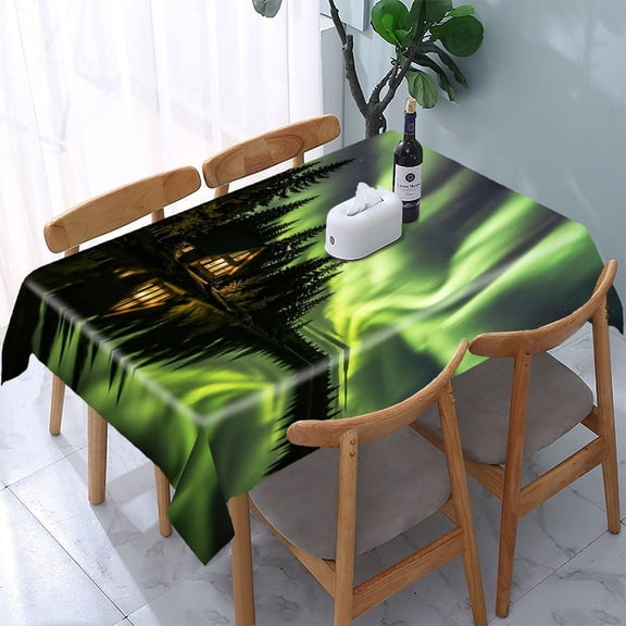 RKSupls Northern Lights Cabin Scene Rectangle Dining Tablecloth, Washable Wipeable Stain & Wrinkle Resistant Polyester Tablecloth for Kitchen Picnic Party
