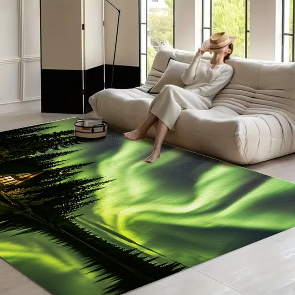 RKSupls Northern Lights Cabin Scene Soft Fluffy Velvet Area Rug for Living Room Bedroom, Non-Slip Washable Carpet, Modern Minimalist Home Decor Floor Mat
