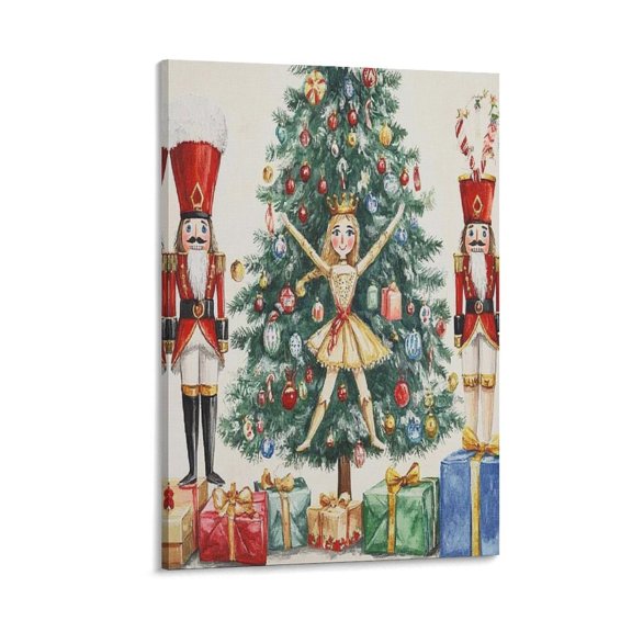 RKSupls Nutcracker Ballerina Christmas Tree Gifts Canvas Wall Art Framed Painting, Modern Home Decor Print for Living Room Bedroom Office Wall Decoration