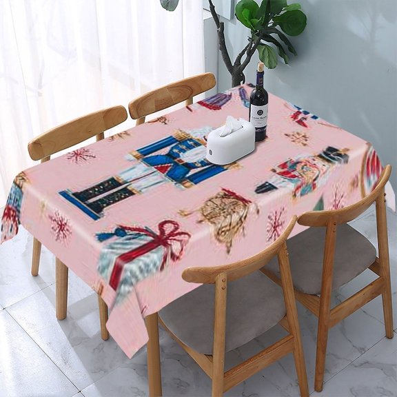 RKSupls Nutcracker Ornament Pink Rectangle Dining Tablecloth, Washable Wipeable Stain & Wrinkle Resistant Polyester Tablecloth for Kitchen Picnic Party