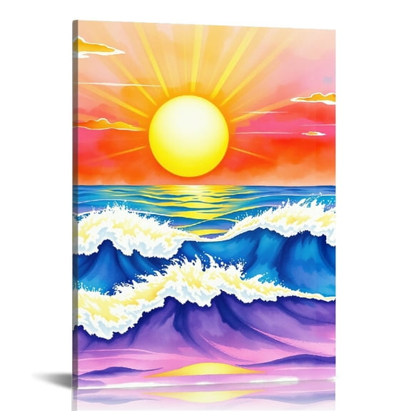 RKSupls Ocean Sunset Wave Illustration Canvas Wall Art, Canvas Prints Wall Art for Living Room Bedroom Entryway Office, Art Print Painting for Home Decor