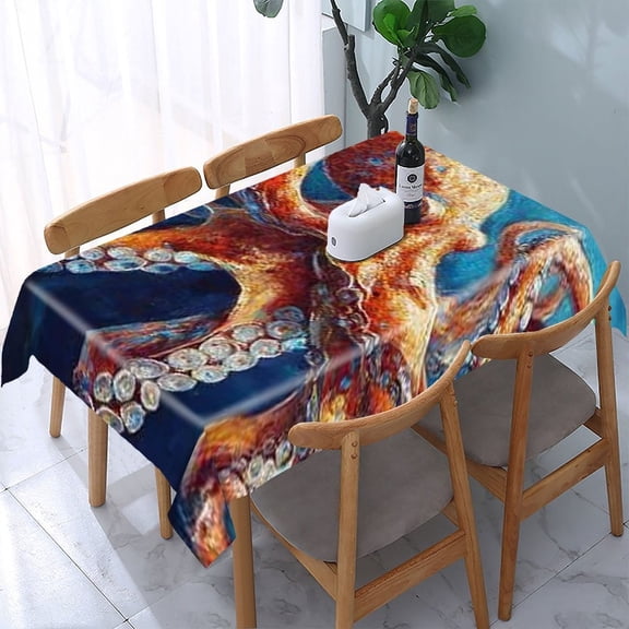 RKSupls Octopus Ocean Blue Rectangle Dining Tablecloth, Washable Wipeable Stain & Wrinkle Resistant Polyester Tablecloth for Kitchen Picnic Party
