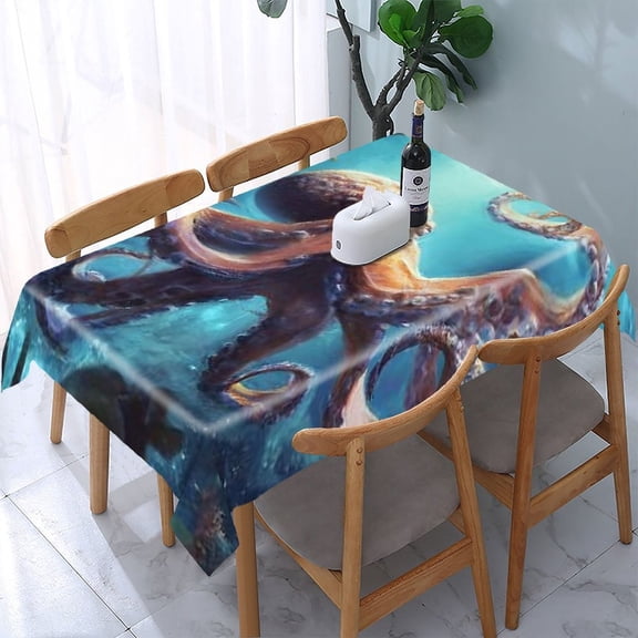 RKSupls Octopus Underwater Coral Rectangle Dining Tablecloth, Washable Wipeable Stain & Wrinkle Resistant Polyester Tablecloth for Kitchen Picnic Party