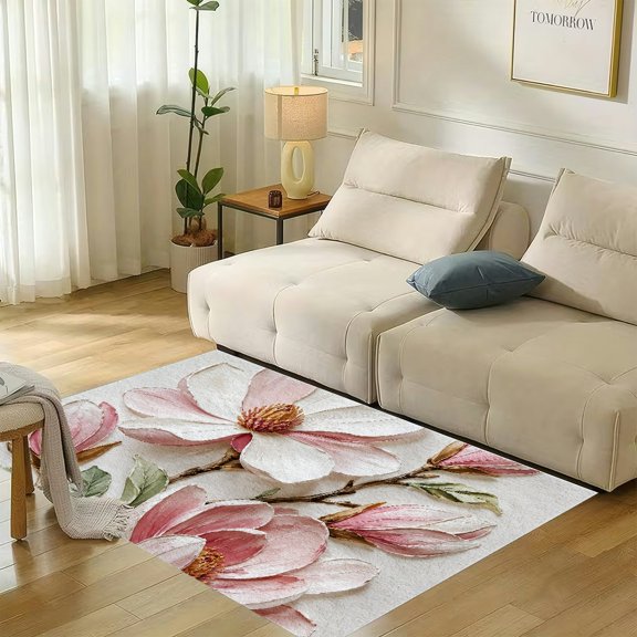 RKSupls Oil Painted Magnolia Bloom Soft Flannel Area Rug 71x47 Inch, Non-Slip Floor Mat for Living Room Bedroom, Warm Fuzzy Carpet for Winter Holiday Decor