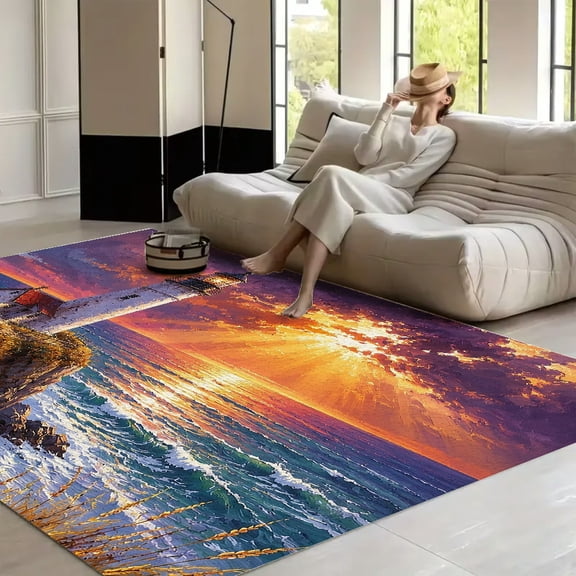 RKSupls Oil Painting Lighthouse Cliff Sunset Soft Fluffy Velvet Area Rug for Living Room Bedroom, Non-Slip Washable Carpet, Modern Minimalist Home Decor Floor Mat