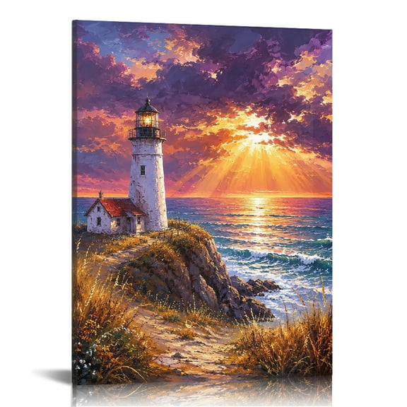 RKSupls Oil Painting Lighthouse Cliff Sunset Wall Decor
, Ready to Hang, Canvas Wall Art Bathroom Bedroom Kitchen Staircase Wall Decor Prints