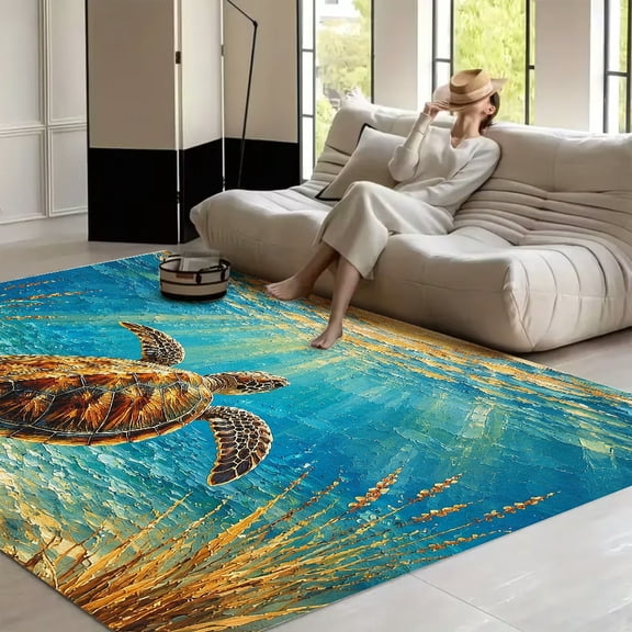 RKSupls Oil Painting Sea Turtle Underwater Sun  Soft Fluffy Velvet Area Rug   for Living Room Bedroom, Non-Slip Washable Carpet, Modern Minimalist Home Decor Floor Mat