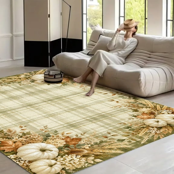 RKSupls Olive Plaid Wheat Harvest  Soft Fluffy Velvet Area Rug   for Living Room Bedroom, Non-Slip Washable Carpet, Modern Minimalist Home Decor Floor Mat