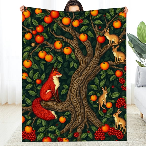 RKSupls Orchard Fox Rabbit Fruit Tree Soft Flannel Throw Blanket, Lightweight Fuzzy Warm Cozy Blanket for Couch Bed Home Travel Decor