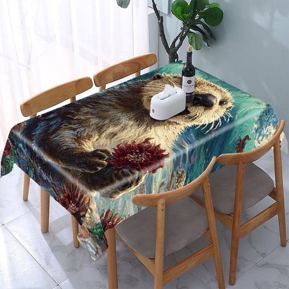 RKSupls Otter Ocean Waves Rectangle Dining Tablecloth, Washable Wipeable Stain & Wrinkle Resistant Polyester Tablecloth for Kitchen Picnic Party