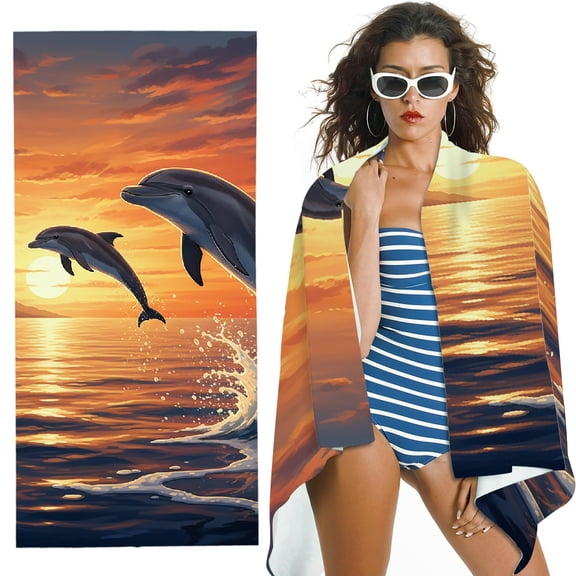 RKSupls Oversized Microfiber Beach Towel - Ocean Fish Sunset Over SeaJumping Dolphins Print, Ultra-Soft Microfiber for Bathroom, beach, Soft Super Absorbent- 30x60 in