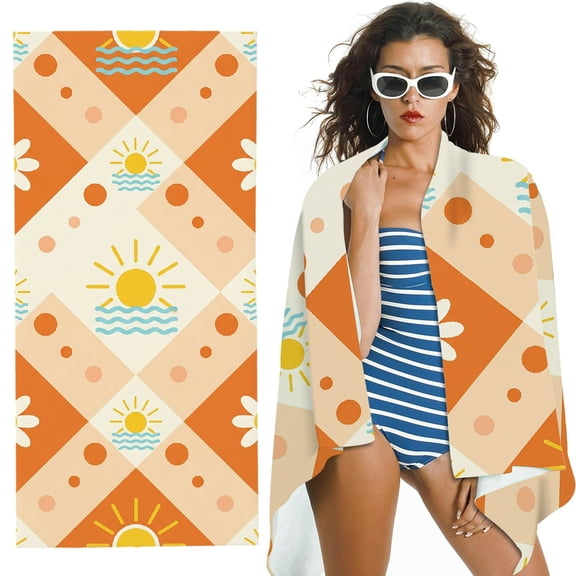 RKSupls Oversized Microfiber Beach Towel - Retro Sun & Daisy Patch Print, Suitable for Bathroom, beach, Soft Super Absorbent- 30x60 in