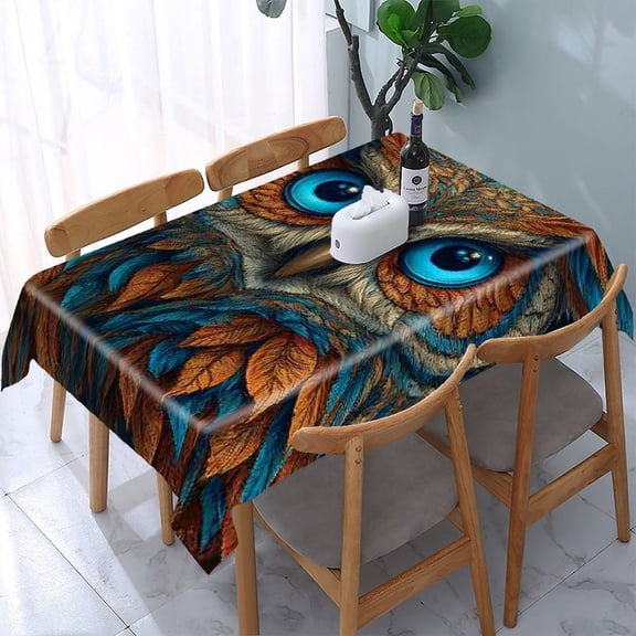RKSupls Owl Blue Eyes Starry Rectangle Dining Tablecloth, Washable Wipeable Stain & Wrinkle Resistant Polyester Tablecloth for Kitchen Picnic Party