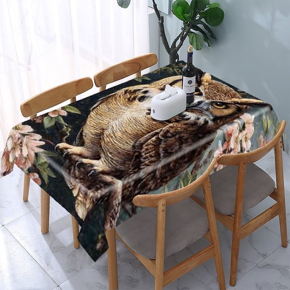 RKSupls Owl Cherry Blossoms Rectangle Dining Tablecloth, Washable Wipeable Stain & Wrinkle Resistant Polyester Tablecloth for Kitchen Picnic Party