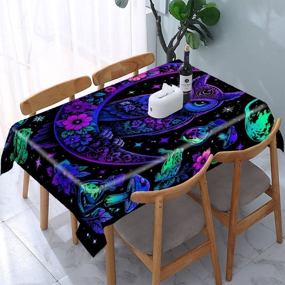 RKSupls Owl Moon Flower Magic Rectangle Dining Tablecloth, Washable Wipeable Stain & Wrinkle Resistant Polyester Tablecloth for Kitchen Picnic Party