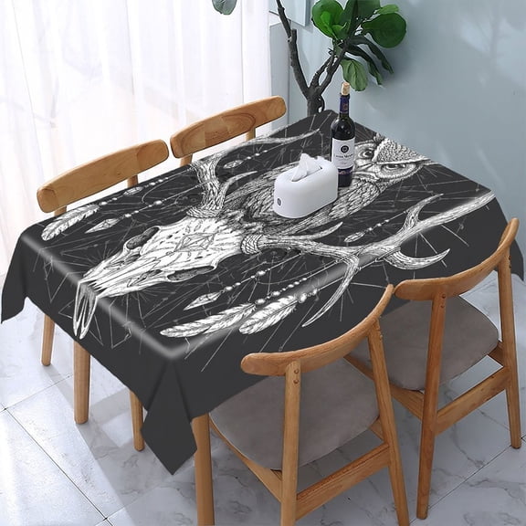 RKSupls Owl On Deer Skull Rectangle Dining Tablecloth, Washable Wipeable Stain & Wrinkle Resistant Polyester Tablecloth for Kitchen Picnic Party
