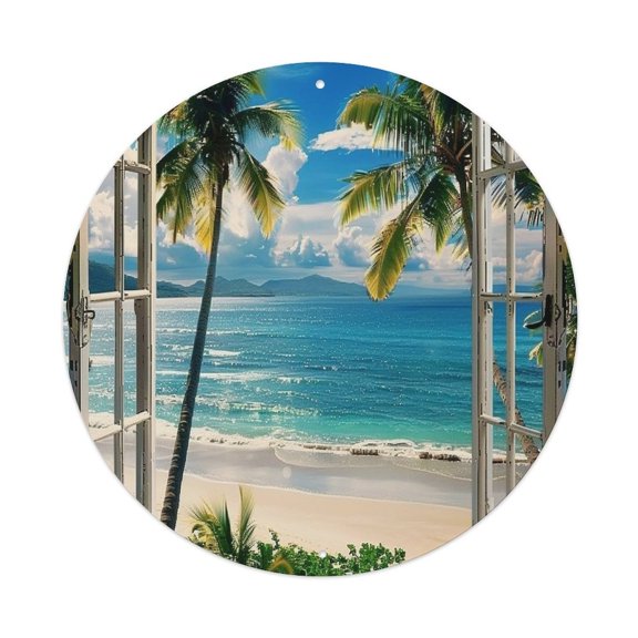 RKSupls Palm Beach Window View 7.9x7.9in Round Aluminum Plaque Wall Art, UV Printed Vintage Metal Sign with Pre-Drilled Holes for Home Bar Garage Cafe Decor