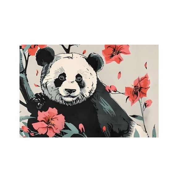 RKSupls Panda Bear Flowers Ink Linen Placemats 30x45cm Straight Edge Stain Resistant Washable Non-Slip Table Mats Table for Kitchen Dining Room Home