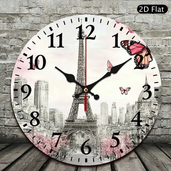 RKSupls Paris Eiffel Tower Round Wooden Wall Clock for Home Decor, Ideal for Living Room, Kitchen, Dorm, Practical Everyday Gifts