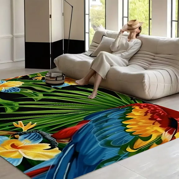 RKSupls Parrot Tropical Flowers Jungle  Soft Fluffy Velvet Area Rug   for Living Room Bedroom, Non-Slip Washable Carpet, Modern Minimalist Home Decor Floor Mat