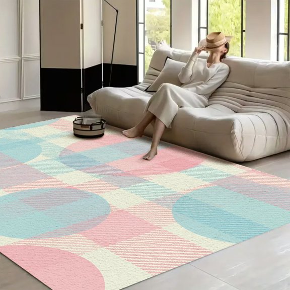 RKSupls Pastel Gingham Circles Pattern Soft Fluffy Velvet Area Rug for Living Room Bedroom, Non-Slip Washable Carpet, Modern Minimalist Home Decor Floor Mat