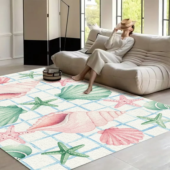 RKSupls Pastel Seashell Grid Arrangement Soft Fluffy Velvet Area Rug for Living Room Bedroom, Non-Slip Washable Carpet, Modern Minimalist Home Decor Floor Mat