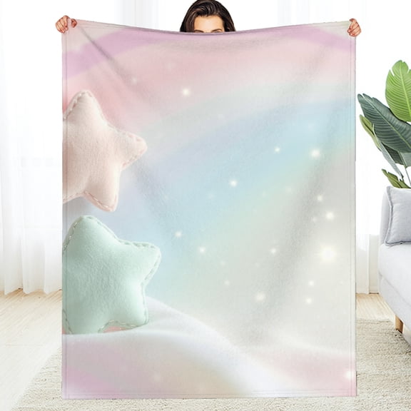 RKSupls Pastel Star Pillows Pink Mint Rainbow Sparkle Soft Flannel Throw Blanket, Lightweight Fuzzy Warm Cozy Blanket for Couch Bed Home Travel Decor