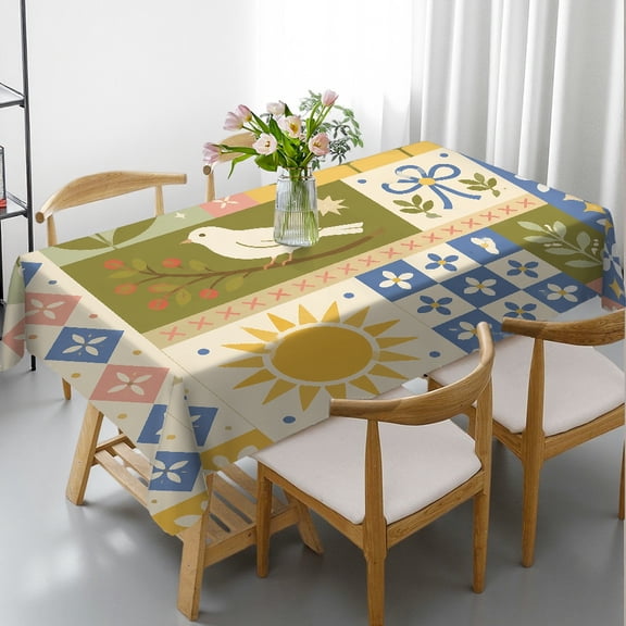 RKSupls  Patchwork Quilt with Bird and Sun Print Rectangle Dining Tablecloth, Polyester Tablecloths Holiday Party Tablecloth, Patchwork Quilt with Bird and Sun