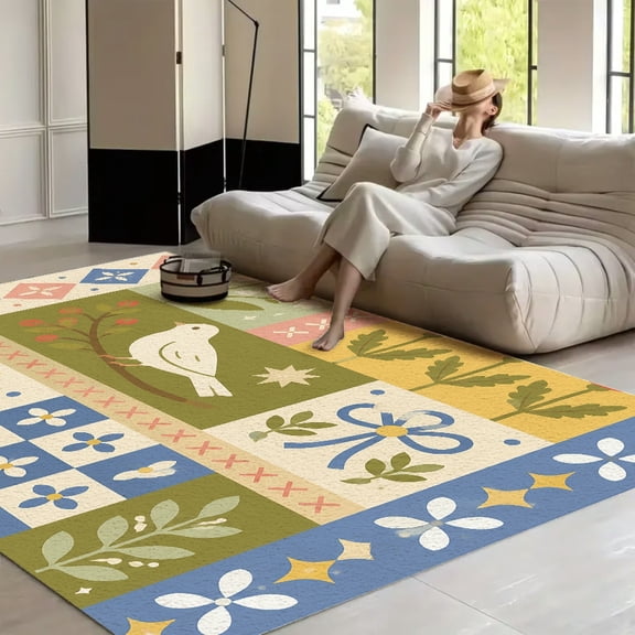 RKSupls Patchwork Quilt with Bird and Sun  Soft Fluffy Velvet Area Rug   for Living Room Bedroom, Non-Slip Washable Carpet, Modern Minimalist Home Decor Floor Mat