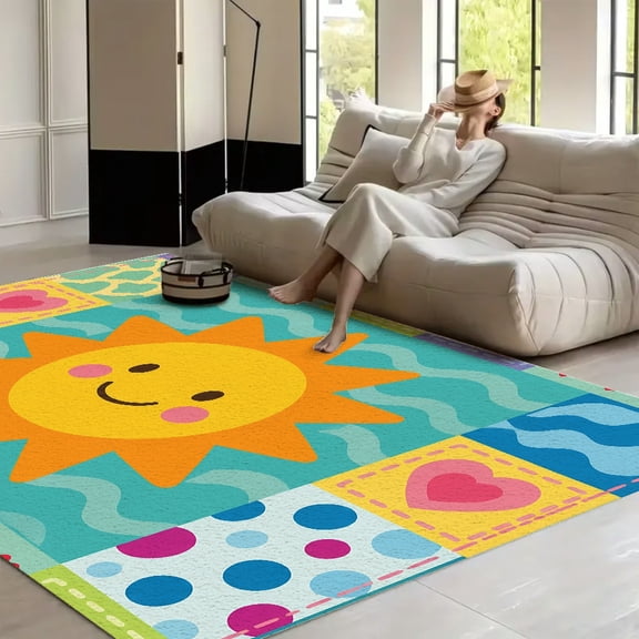 RKSupls Patchwork Sunshine With Hearts And Stars  Soft Fluffy Velvet Area Rug   for Living Room Bedroom, Non-Slip Washable Carpet, Modern Minimalist Home Decor Floor Mat