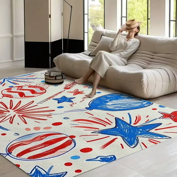 RKSupls Patriotic Balloons Fireworks Crayon Soft Fluffy Velvet Area Rug for Living Room Bedroom, Non-Slip Washable Carpet, Modern Minimalist Home Decor Floor Mat