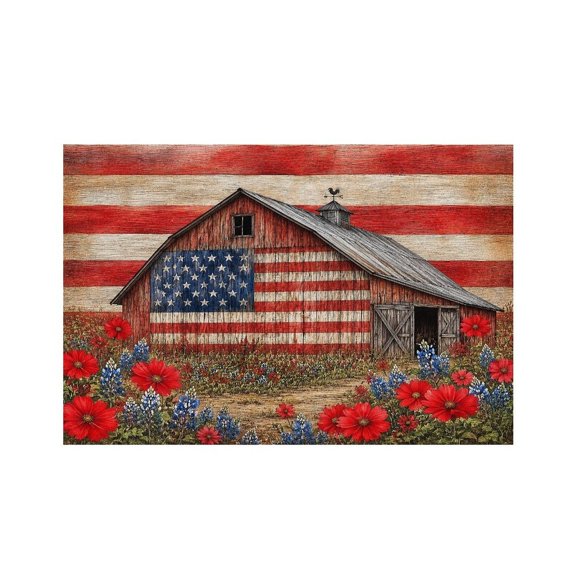 RKSupls Patriotic Barn Flowers Field Linen Placemats 30x45cm Straight Edge Stain Resistant Washable Non-Slip Table Mats Table for Kitchen Dining Room Home