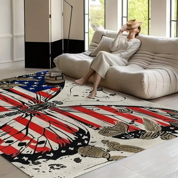 RKSupls Patriotic Butterfly Wings Border  Soft Fluffy Velvet Area Rug   for Living Room Bedroom, Non-Slip Washable Carpet, Modern Minimalist Home Decor Floor Mat