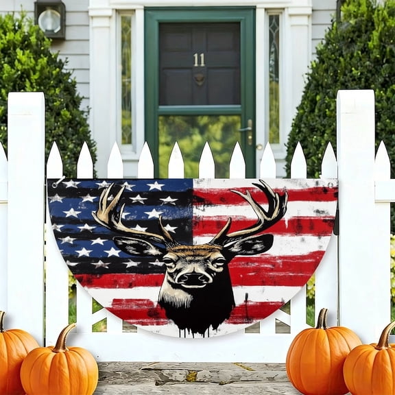 RKSupls Patriotic Deer Head Dripping Paint Patriotic Half Round American Flag Banner 1776-2026, USA Independence Day Fence Porch Hanging Decor