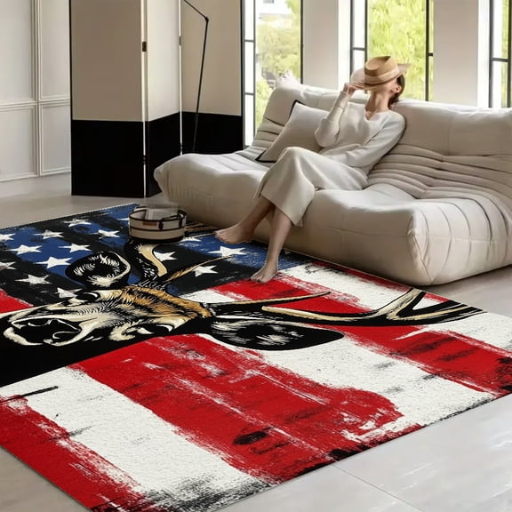 RKSupls Patriotic Deer Head Dripping Paint Soft Fluffy Velvet Area Rug for Living Room Bedroom, Non-Slip Washable Carpet, Modern Minimalist Home Decor Floor Mat