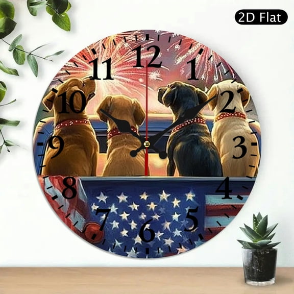 RKSupls Patriotic Dogs Watching Fireworks Round Wooden Wall Clock for Home Decor, Ideal for Living Room, Kitchen, Dorm, Practical Everyday Gifts